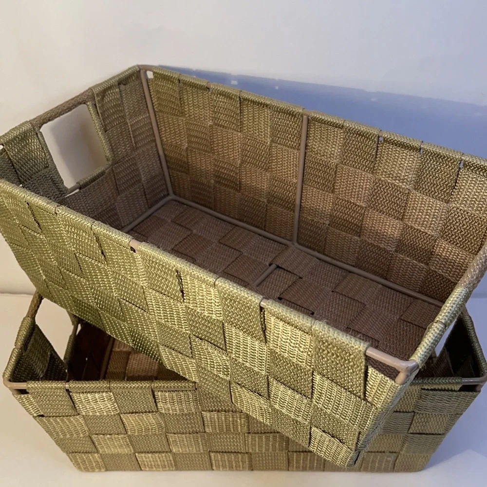 Storage bin set Nesting green canvas strap metal frame basket set